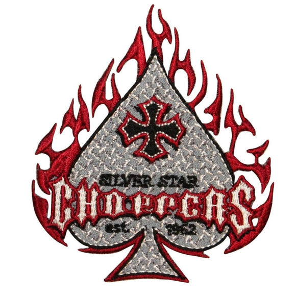 Silver Star Choppers Spade Flames Patch Biker Cross Embroidered Iron On Applique