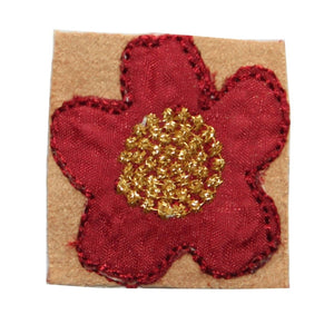 ID 6959 Red Flower Badge Patch Gold Emblem Garden Embroidered Iron On Applique