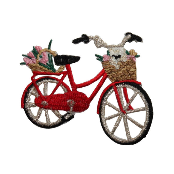 ID 6974 Classic Red Bicycle With Basket Patch Bike Embroidered Iron On Applique