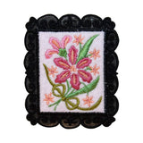 ID 6990 Pink Flowers Picture Patch Frame Garden Sign Embroidered IronOn Applique