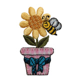 ID 7027 Potted Sunflower With Bee Patch Garden Bow Embroidered Iron On Applique