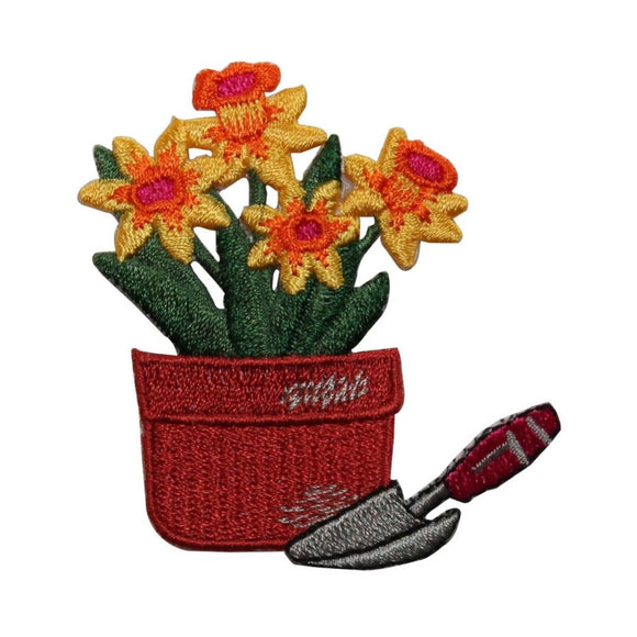 ID 7106 Potted Yellow Daffodils Patch Garden Spade Embroidered Iron On Applique