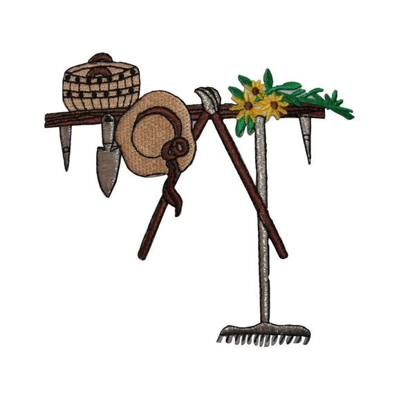 ID 7107 Garden Tools On Shelf Patch Shed Equipment Embroidered Iron On Applique
