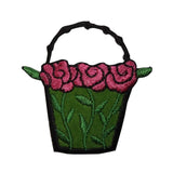 ID 7080 Pink Rose Basket Patch Garden Flower Bucket Embroidered Iron On Applique
