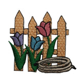 ID 7100 Garden Picket Fence Patch Tulip Hose Scene Embroidered Iron On Applique