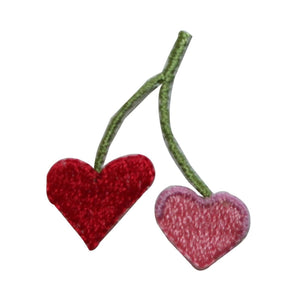 ID 7304 (lot of 2) Cherry Hearts Pair Patch Stem Fruit Love Embroidered Iron On Applique