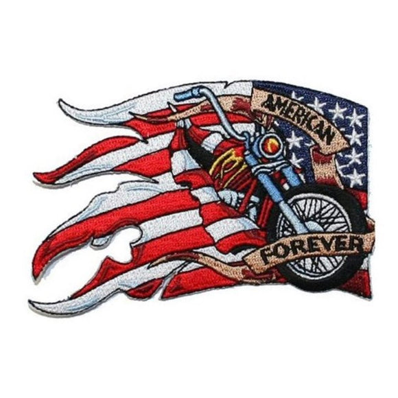 XLG American Flag Biker Forever Patch USA Motorcycle Embroidered IronOn Applique