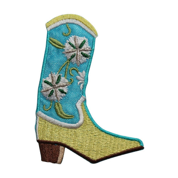 ID 7340 Blue Flower Cowboy Boot Patch Western Work Embroidered Iron On Applique