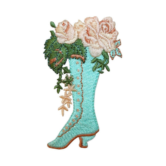 ID 7511 Boot Planter With Flowers Patch Garden Shoe Embroidered Iron On Applique
