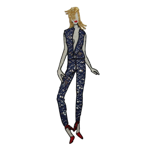 ID 7476 Shiny Blue Pant Suit Woman Patch Fashion Embroidered Iron On Applique
