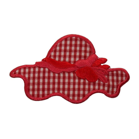 ID 7611 Red Checkered Sun Hat Patch Summer Ribbon Embroidered Iron On Applique