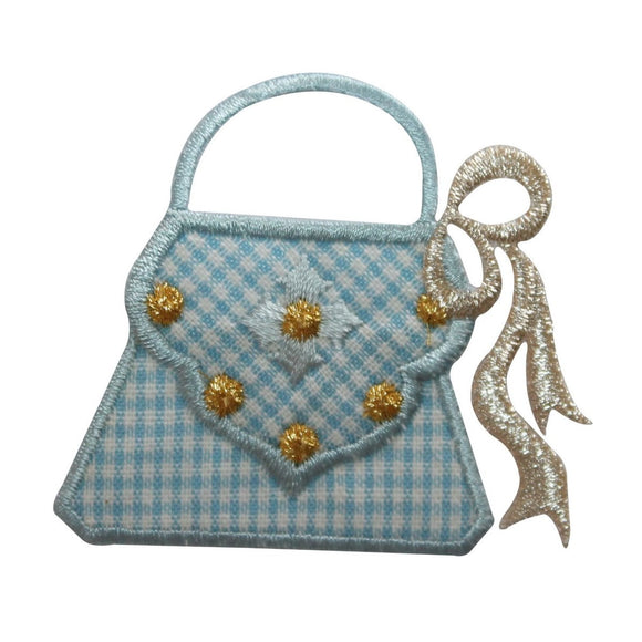 ID 7789 Teal Checkered Hand Bag Patch Ribbon Purse Embroidered Iron On Applique