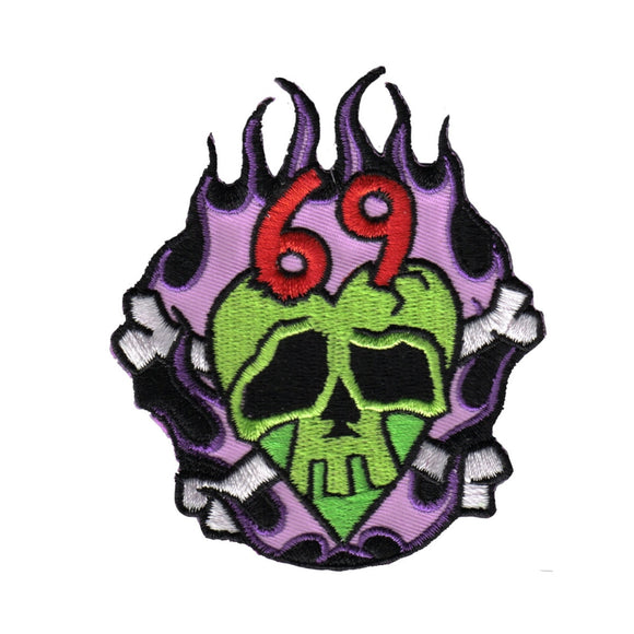 Kruse 69 Monster Skull Patch Crossbones Flames Ink Embroidered Iron On Applique