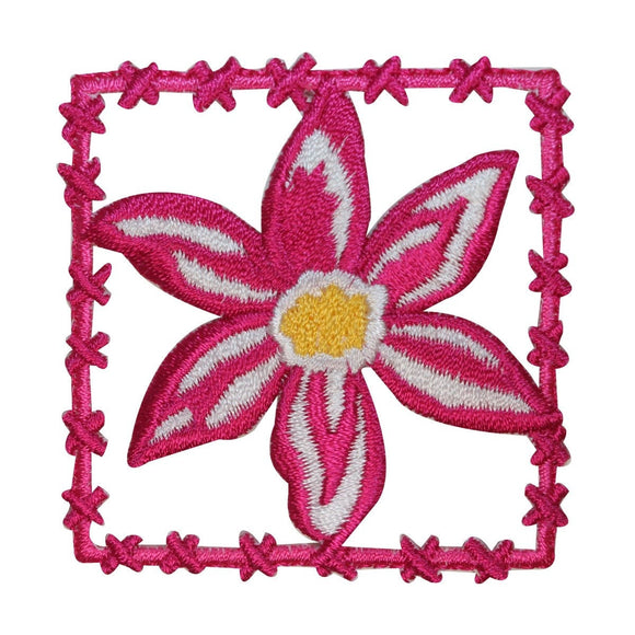 ID 7977 Flower Frame Badge Patch Outline Blossom Embroidered Iron On Applique