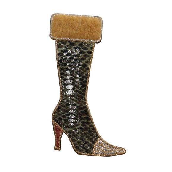 ID 7981 Long Fuzzy Snakeskin Boot Patch High Heel Embroidered Iron On Applique