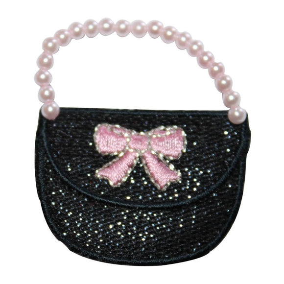 ID 8514 Pearl Bead Handle Purse Patch Bow Hand Bag Embroidered Iron On Applique