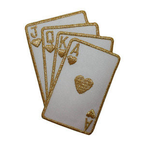 ID 8612 White Gold Cards Patch Royal Flush Hearts Embroidered Iron On Applique