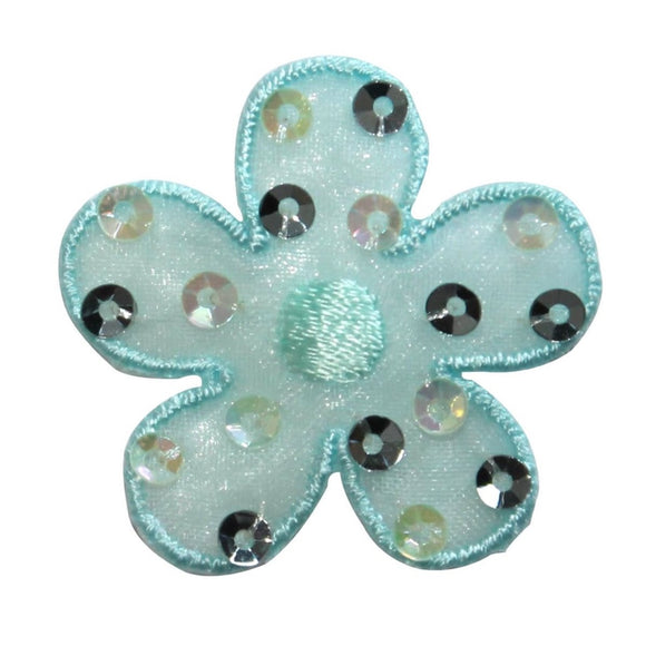 ID 8621 Sequin Teal Daisy Patch Garden Flower Plant Embroidered Iron On Applique