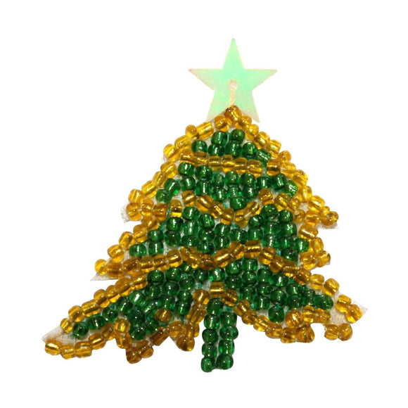 ID 8903 Christmas Tree With Star Patch Winter Holiday Beaded Iron On Applique