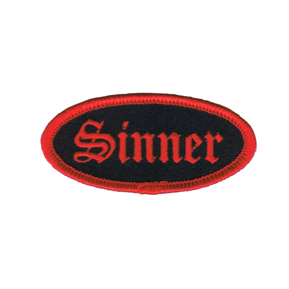 Sinner Name Tag Patch Red Novelty Badge Evil Sign Embroidered Iron On Applique
