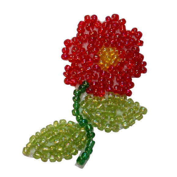 ID 8923 Red Daisy Flower Patch Garden Plant Blossom Beaded Iron On Applique