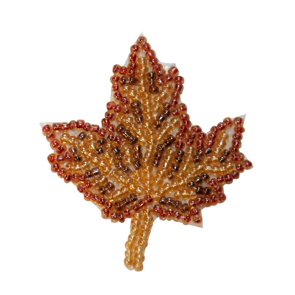 ID 8933 Fall Maple Tree Leaf Patch Tri Color Dried Plant Beaded Iron On Applique