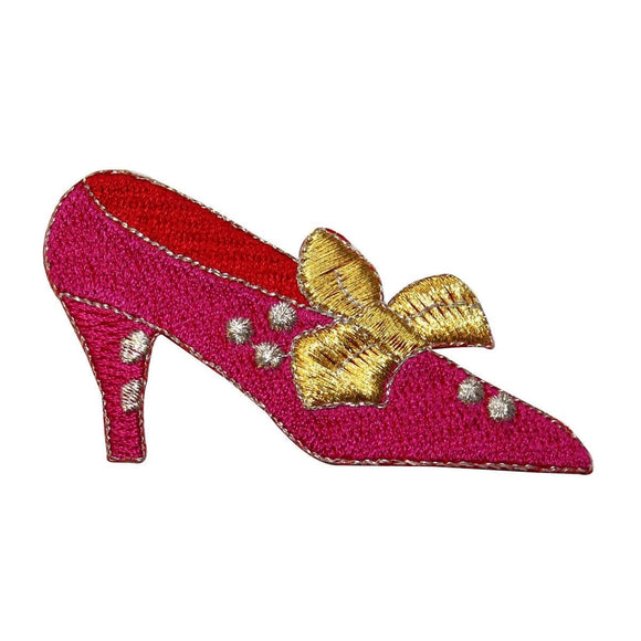 ID 9046 Pink Shoe Gold Bow Patch Formal Dress Heel Embroidered Iron On Applique