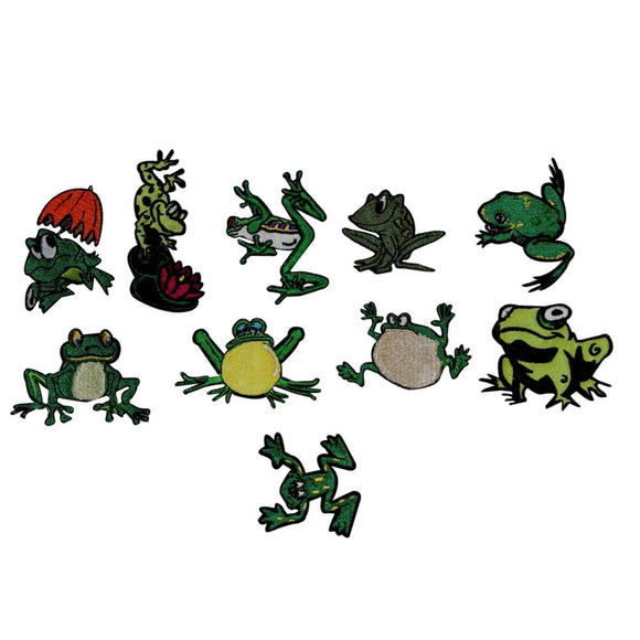 Set of 10 Cute Little Frogs Patch Pond Animal Green Embroidered Iron On Applique