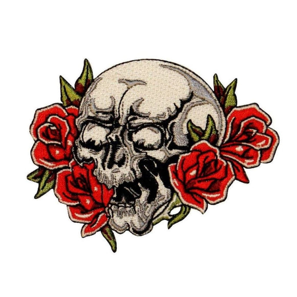 Skull With Roses Biker Patch Death Flower Bones Embroidered Iron On Applique