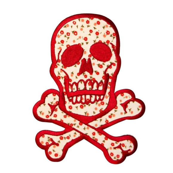 Skull Crossbones Patch Biker Red Flower Print 6