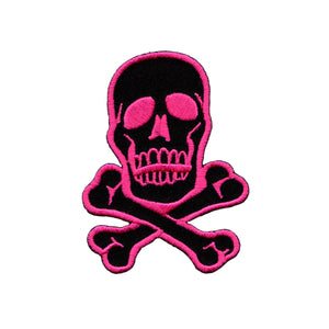 Skull Crossbones Patch 2 3/4" Pink On Black Biker Embroidered Iron On Applique