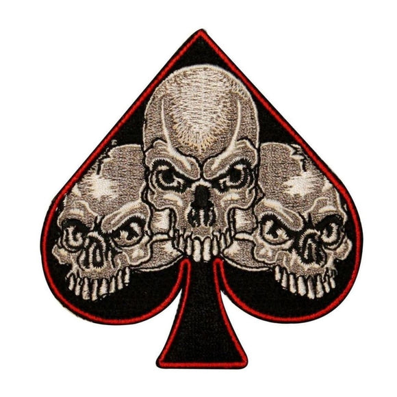 Three Skull Faces Spade Patch Biker Death Symbol Embroidered Iron On Applique