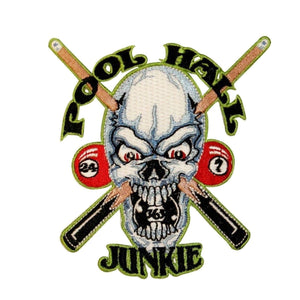 Pool Hall Junkie Skull Patch Billiards Sticks Face Embroidered Iron On Applique
