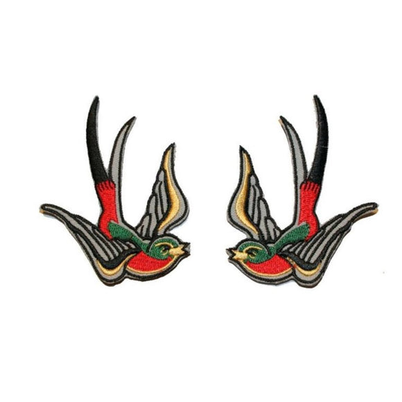 Set of 2 Colorful Swallow Patch Bird Tattoo Sparrow Embroidered Iron On Applique