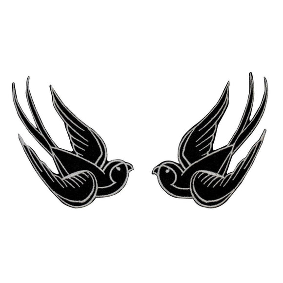 Set of 2 Black Swallow Patch 4IN Bird Tattoo Sparrow Embroidered Iron On Applique