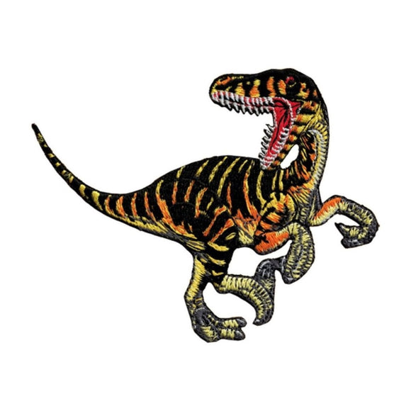 Striped Velociraptor Dinosaur Patch Jurassic Bite Embroidered Iron On Applique