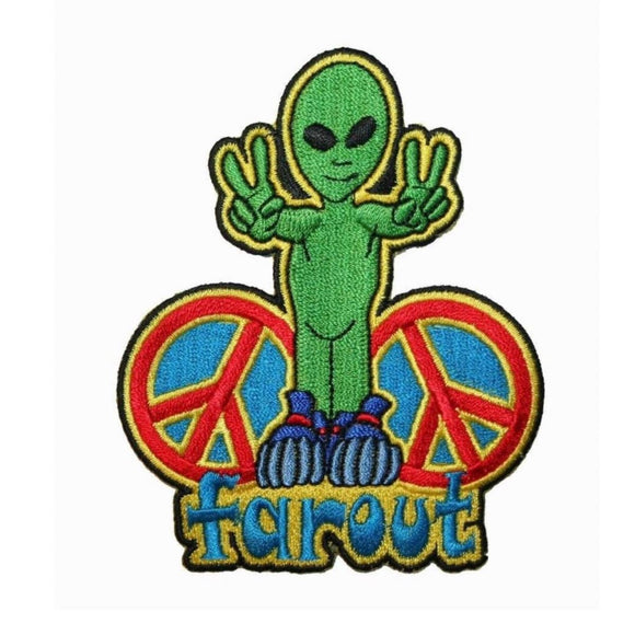 Far Out Alien Peace Sign Patch UFO Hippie Groovy Embroidered Iron On Applique