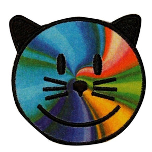 Rainbow Cat Smiley Face Patch Happy Tie Dye Swirl Embroidered Iron On Applique