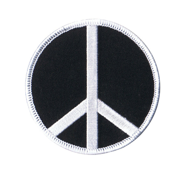 3 Inch Peace Sign White on Black Patch Hippie Embroidered Iron On Applique