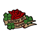 Lucky at Love Patch Red Rose Four Leaf Clover Biker Embroidered Iron On Applique