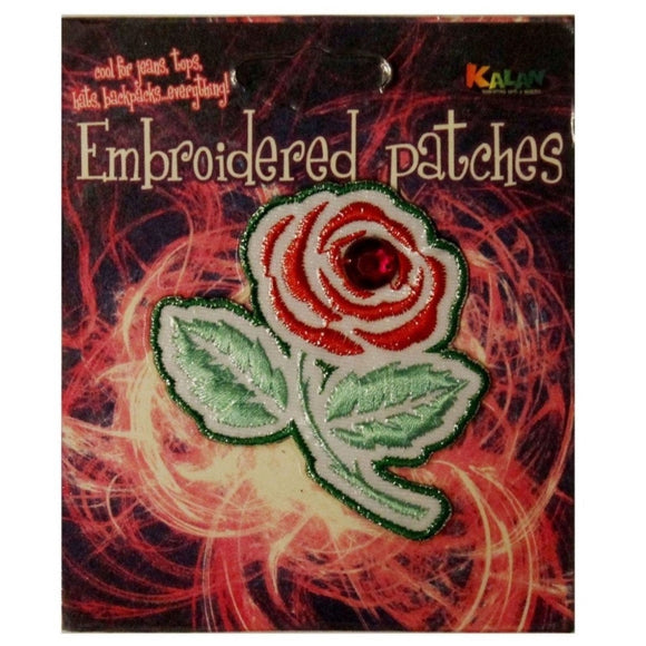 Jeweled Red Rose Patch Thorn Stem Bloom Garden Embroidered Iron On Applique