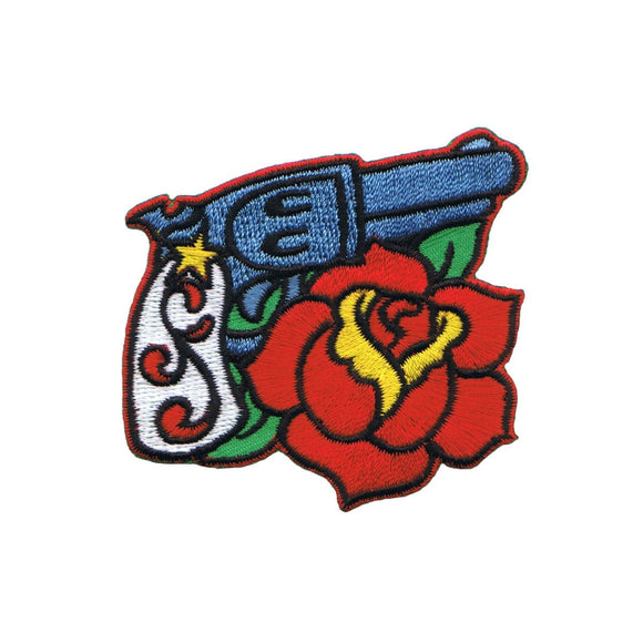 Gun Pistol & Rose Patch Right Facing Artist Reed Embroidered Iron On Applique