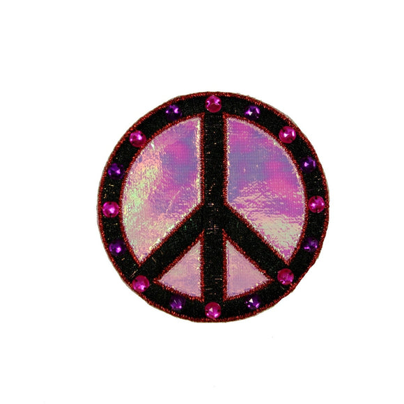 Black On Pink Jeweled Peace Sign Patch Hippie Happy Embroidered Iron On Applique