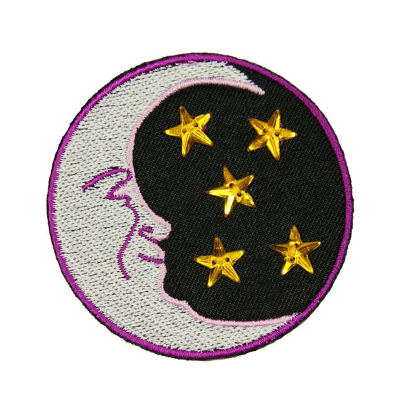 Crescent Moon With Jeweled Stars Patch Night Sky Embroidered Iron On Applique