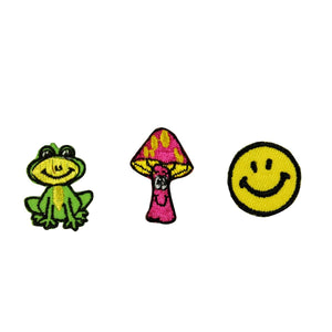 Set of 3 Hippie Group Patches Mushroom Frog Smiley Embroidered Iron On Applique