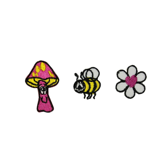 Set of 3 Hippie Nature Patches Mushroom Bee Flower Embroidered Iron On Applique