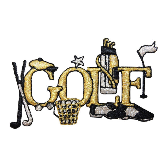 ID 1538 Gold Golf Name Patch Golfing Equipment Club Embroidered Iron On Applique