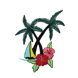 ID 1756 Palm Tree Tropical Beach Scene Embroidered Iron On Applique Patch