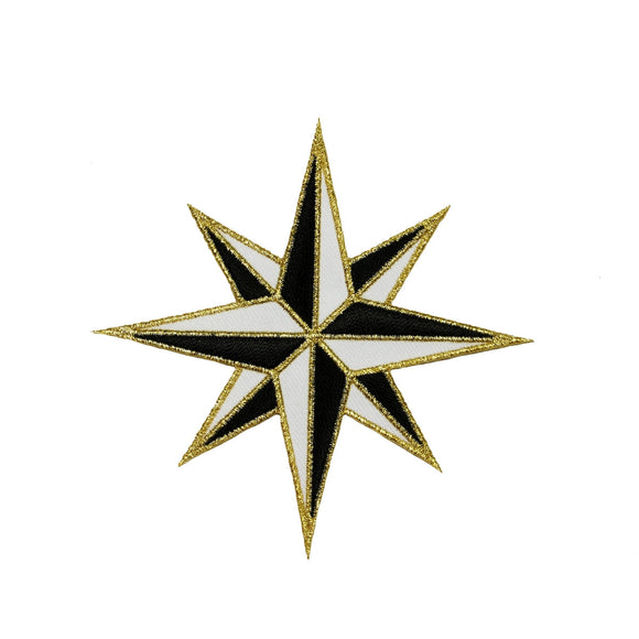 ID 3559 Black White Eight Point Nautical Star Gold Trim Iron On Applique Patch