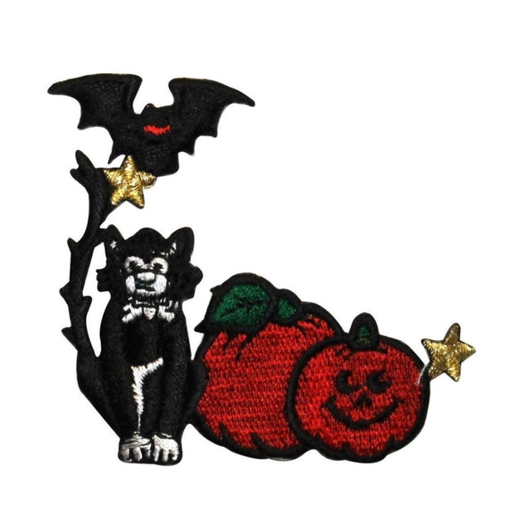 ID 0813 Black Cat Pumpkins and Bat Patch Halloween Embroidered Iron On Applique